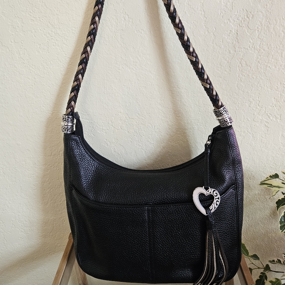 Brighton barbados black Leather zipper top hobo bag